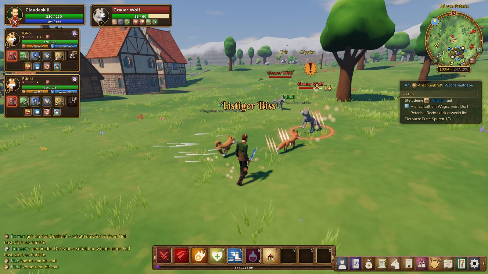 A player loots a wolf; the loot window shows gold, a pelt, a potion and green boots